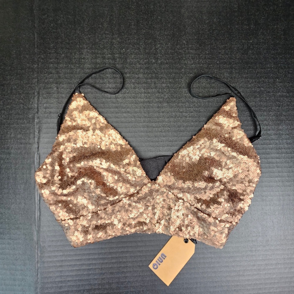 Uniq Rose Gold Copper Sequin Bralette Crop Top Festival Party Juniors XS NWT